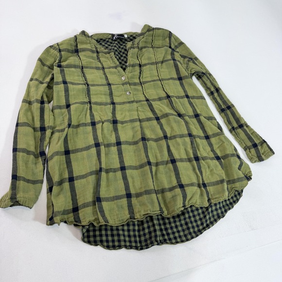 Fenini Tops - Fenini Blouse Womens Large Green Plaid Henley Tunic Long Sleeve Boho Top